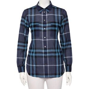 Burberry Navy Blue Checkered Cotton Button